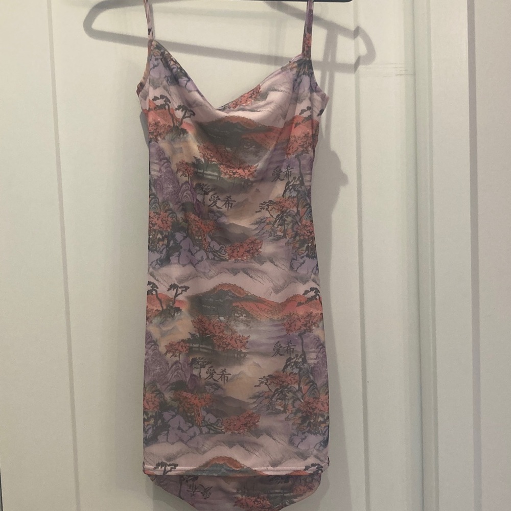 Sleeveless Lavender & Peach Print Cowl Neck Dress - Picture 2 of 4